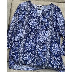 Emily Daniels Womens Blouse Large Blue Paisley 3/4 Sleeve Shimmery Casual NWT